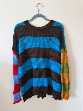 Multicolor Striped Knit Sweater - Blue, Brown & Rainbow Sleeves